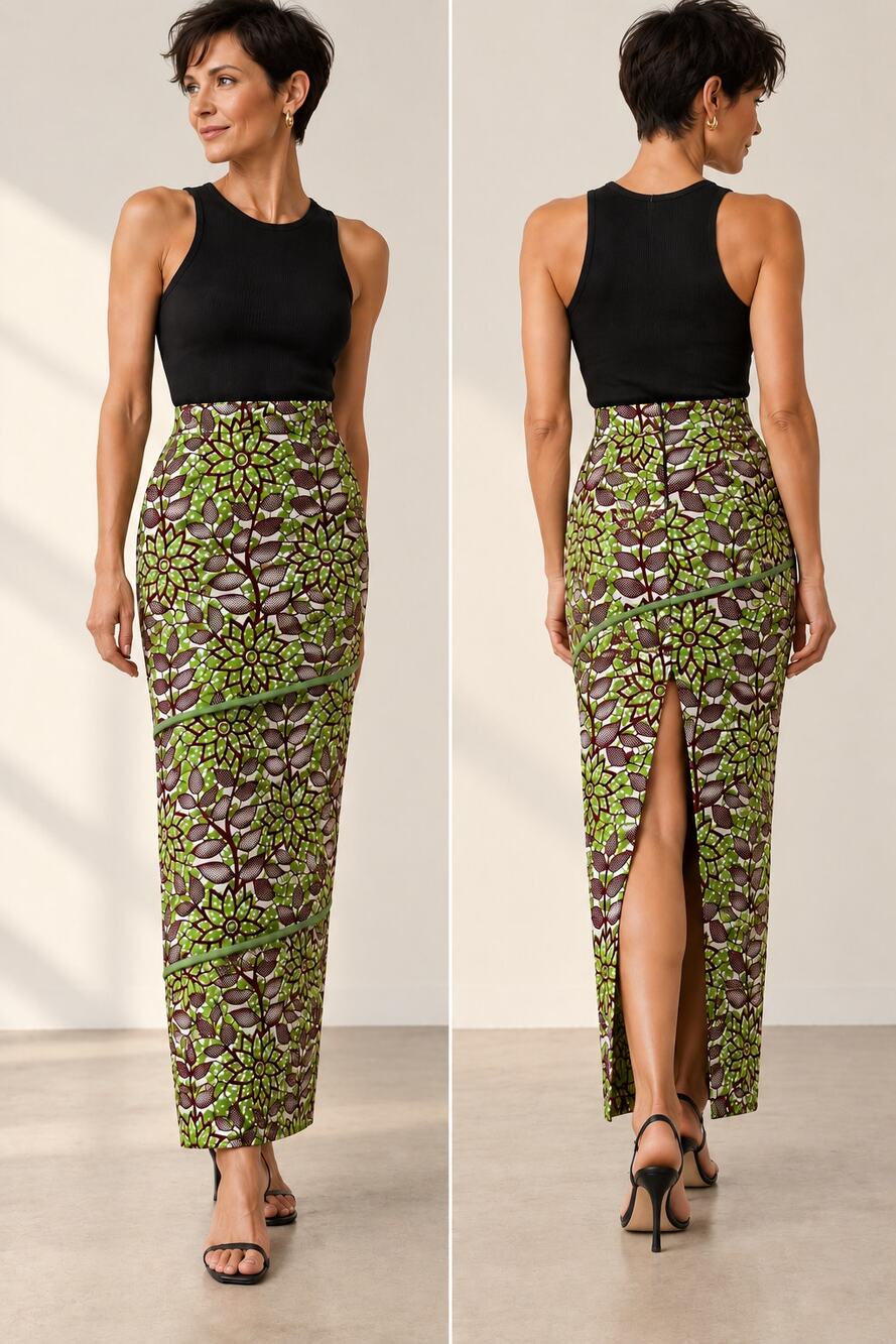Column Tiered Maxi Skirt S Green Burgundy African Wax Print Bespoke Wearable Art